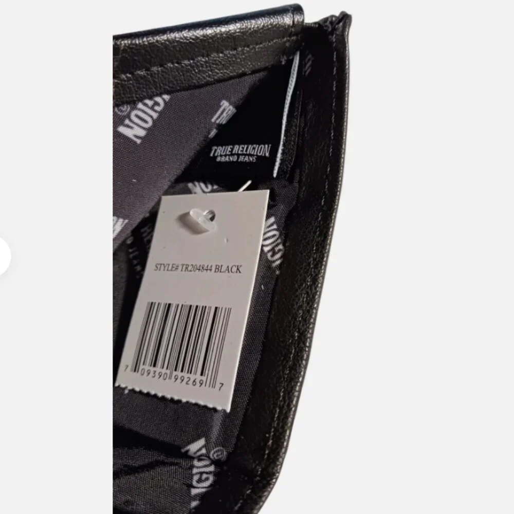 True Religion Mens Wallet Bifold Black Horseshoe Gold Logo Genuine Leather RFID
